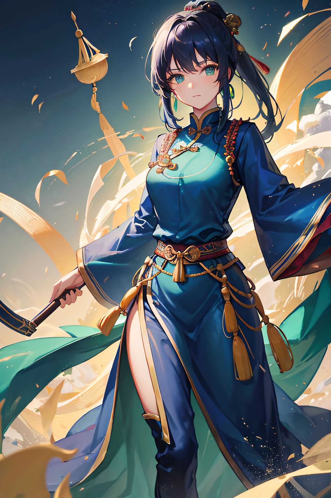 4K,hight resolution,One Woman,Dark blue hair,Longhaire,Green eyes,ancient chinese military commander,blue ancient chinese armor,Ancient Chinese swords,ancient chinese castle town