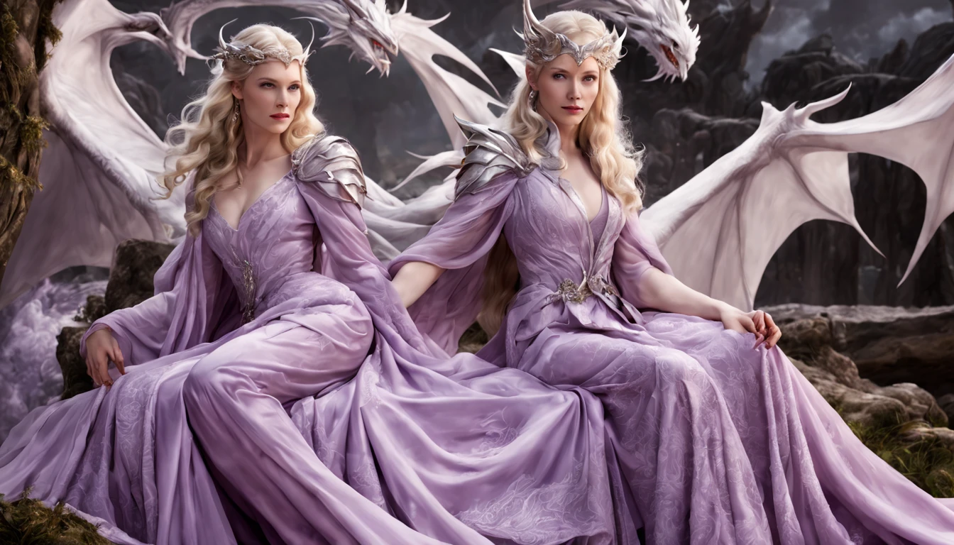 Queen of the White Dragon, mulher madura jovem, "Galadriel, Cate Blanchett", Orelhas longas de elfos, elegant lilac Ruby dress, mama grande, Curvy, dragon ling vawy hair, Cabelos Super Longos, soft facial features, White dragon horns on his head, Mulher majestosa, silver decoration on her Ruby lilac dress, Rainha Estrela Prateada, Grandes olhos azuis, cherry lips, White dragons, starly sky