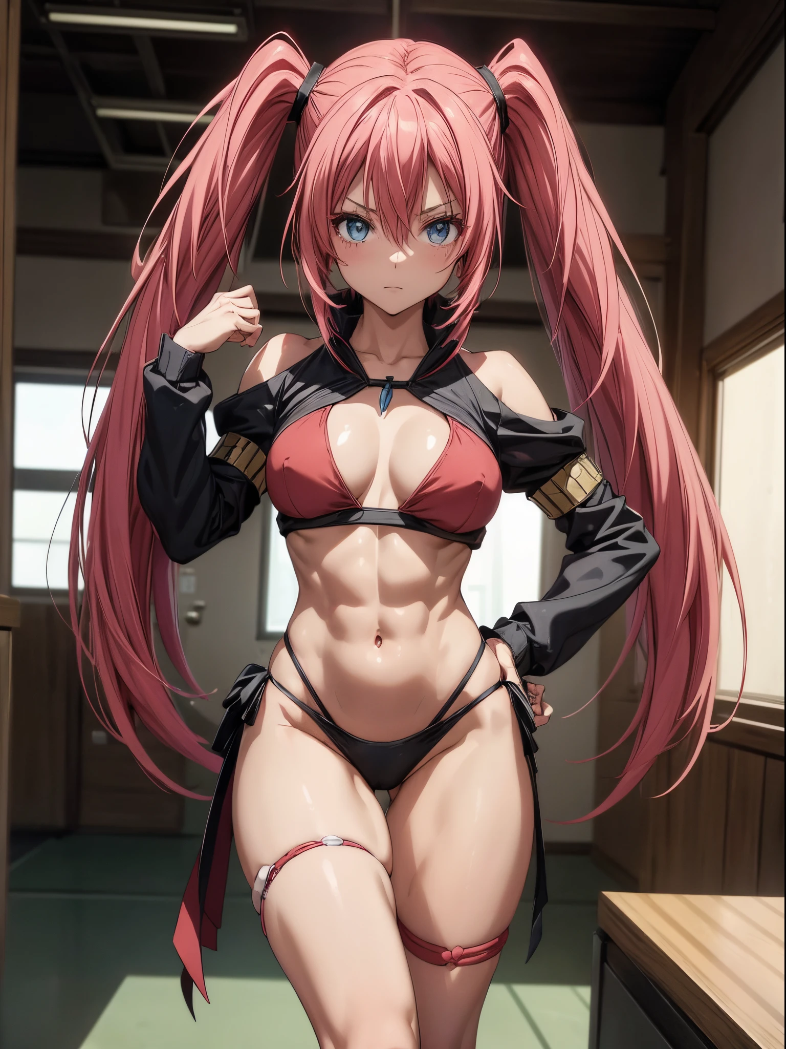 (((1 girl))), (wearing red Santa hat), (Milim Nava of tensei shitara slime), (pink hair twintails), (blue eyes), medium chest, (nails painted black), perfect hands , (((a very sexy red bikini))), (((full body view))), (in a motel room), (((beautiful and muscular legs))), thin waist, muscles in the abdomen, full body photo, red high heel shoe, (making sexy pose), (HDR), eye reflection, extended eyes, extended eyes, Moody, anime, minimalism, anime style, ray tracing, cinematic lighting, cinematic lighting, glare, glare, JPEG artifacts, bright light, divine rays, ray tracing, drop shadow, panorama, Sony FE, from behind, underneath, underneath, UHD, master piece, precise, precise, anatomically correct, super detailed, high quality, best quality, very high, 16k