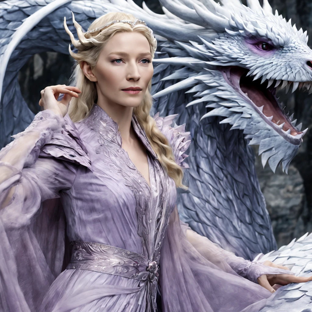 Queen of the White Dragon, mulher madura jovem, "Galadriel, Cate Blanchett", Orelhas longas de elfos, elegant lilac Ruby dress, mama grande, Curvy, dragon ling vawy hair, Cabelos Super Longos, soft facial features, White dragon horns on his head, Mulher majestosa, silver decoration on her Ruby lilac dress, Rainha Estrela Prateada, Grandes olhos azuis, cherry lips, White dragons, starly sky