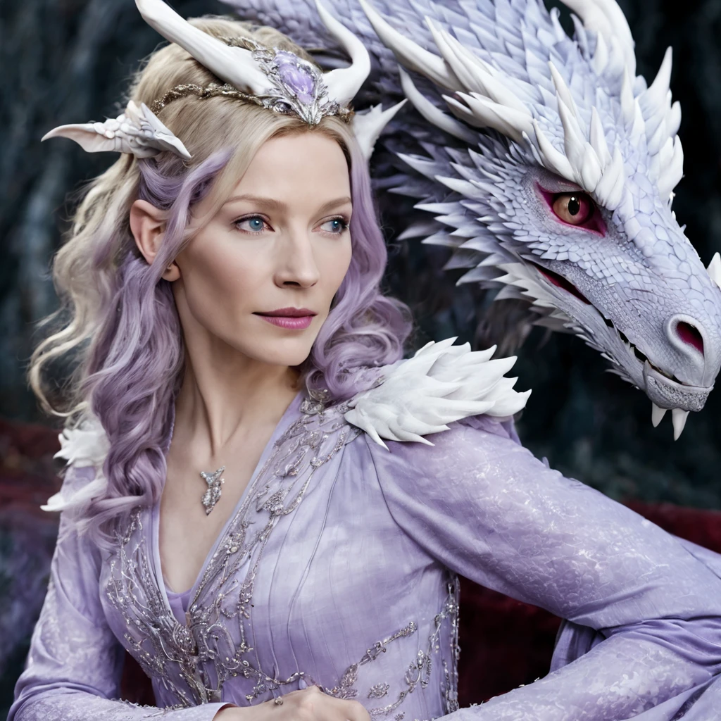 Queen of the White Dragon, mulher madura jovem, "Galadriel, Cate Blanchett", Orelhas longas de elfos, elegant lilac Ruby dress, mama grande, Curvy, dragon ling vawy hair, Cabelos Super Longos, soft facial features, White dragon horns on his head, Mulher majestosa, silver decoration on her Ruby lilac dress, Rainha Estrela Prateada, Grandes olhos azuis, cherry lips, White dragons, starly sky