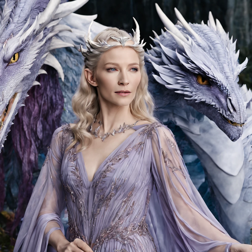 Queen of the White Dragon, mulher madura jovem, "Galadriel, Cate Blanchett", Orelhas longas de elfos, elegant lilac Ruby dress, mama grande, Curvy, dragon ling vawy hair, Cabelos Super Longos, soft facial features, White dragon horns on his head, Mulher majestosa, silver decoration on her Ruby lilac dress, Rainha Estrela Prateada, Grandes olhos azuis, cherry lips, White dragons, starly sky