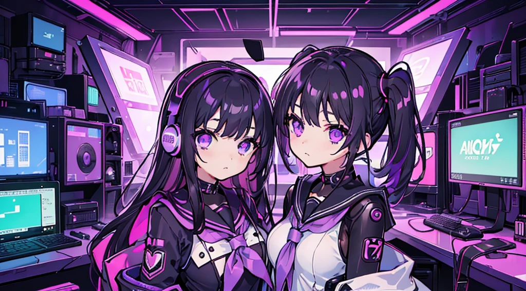 (2 girls, black hair, purple eyes, sailor suit, headset, operating, kawaii), (purple cyberpunk, room with big monitors, purple neon)