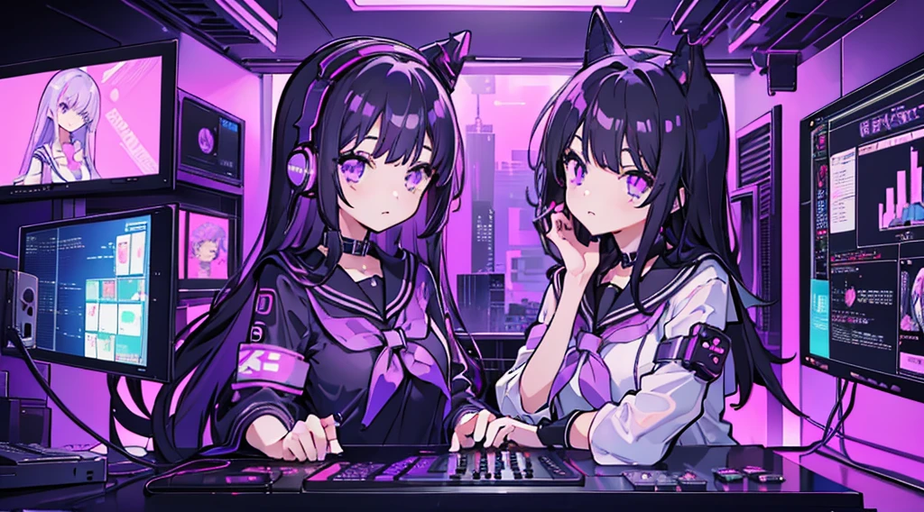 (2 girls, black hair, purple eyes, sailor suit, headset, operating, kawaii), (purple cyberpunk, room with big monitors, purple neon)
