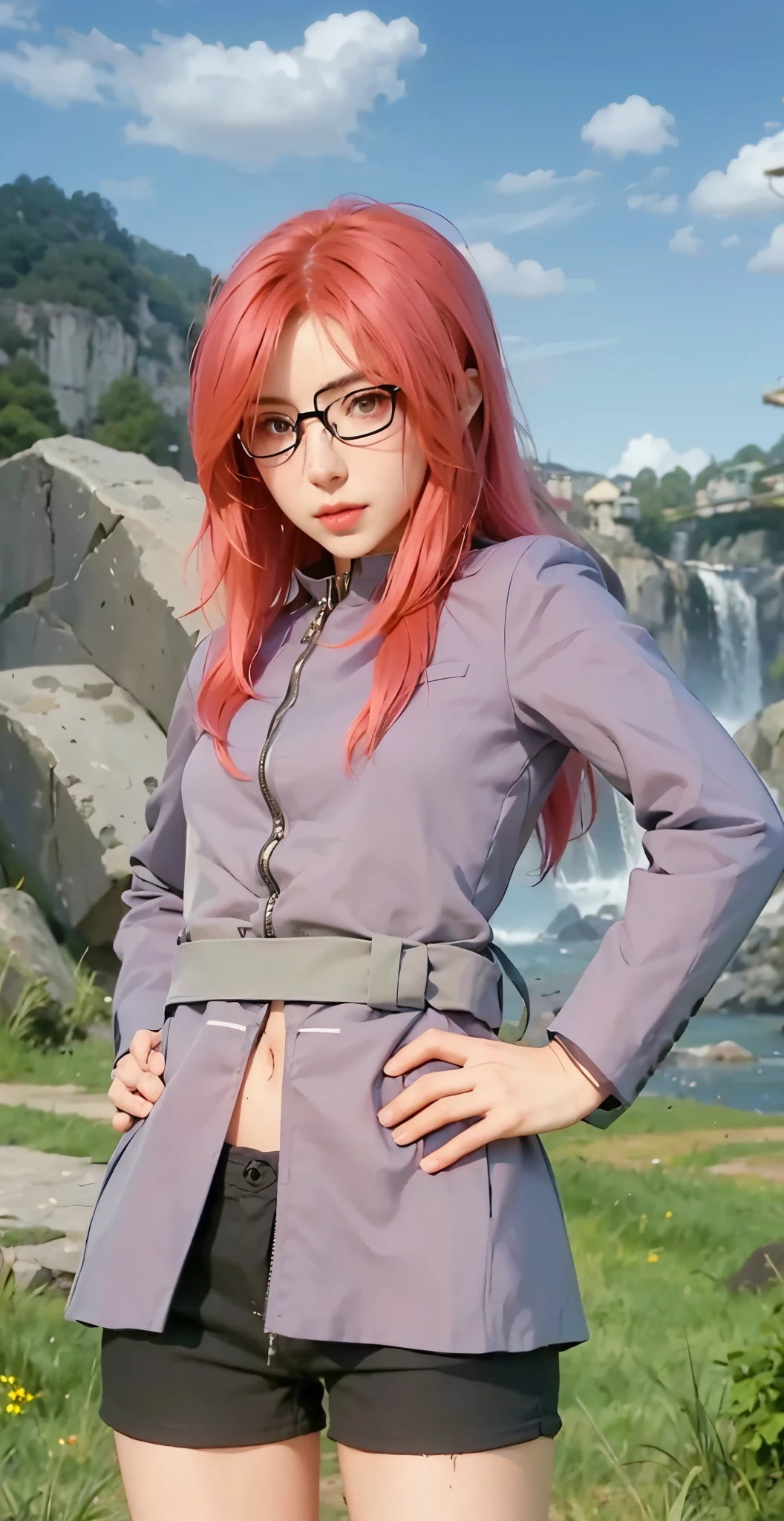Real life adaption of this character , beautyfull face, same spiky hair, wear same glasses ,(realistic same outfit),realistic scenery background , realistic light, realistic shadow, realism, hyper realistic,(photorealistic:1.2), normal small eyes