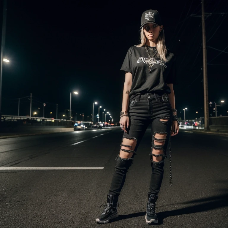 "(25-year-old Caucasian female in high quality and resolution, detailed face, full body) wearing an ultra-realistic streetwear:1.2 with a plain black shirt and a black trucker cap, black jeans with rips at knees, black boots, chain with cross pendant. Surrounded by a dystopian cyberpunk nightscape. "