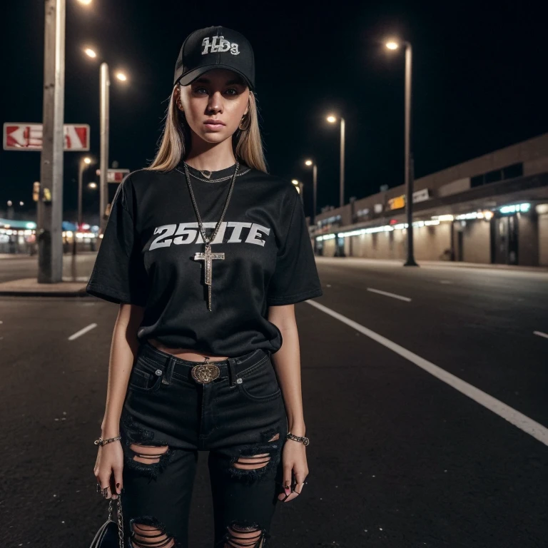 "(25-year-old Caucasian female in high quality and resolution, detailed face, full body) wearing an ultra-realistic streetwear:1.2 with a plain black shirt and a black trucker cap, black jeans with rips at knees, black boots, chain with cross pendant. Surrounded by a dystopian cyberpunk nightscape. "