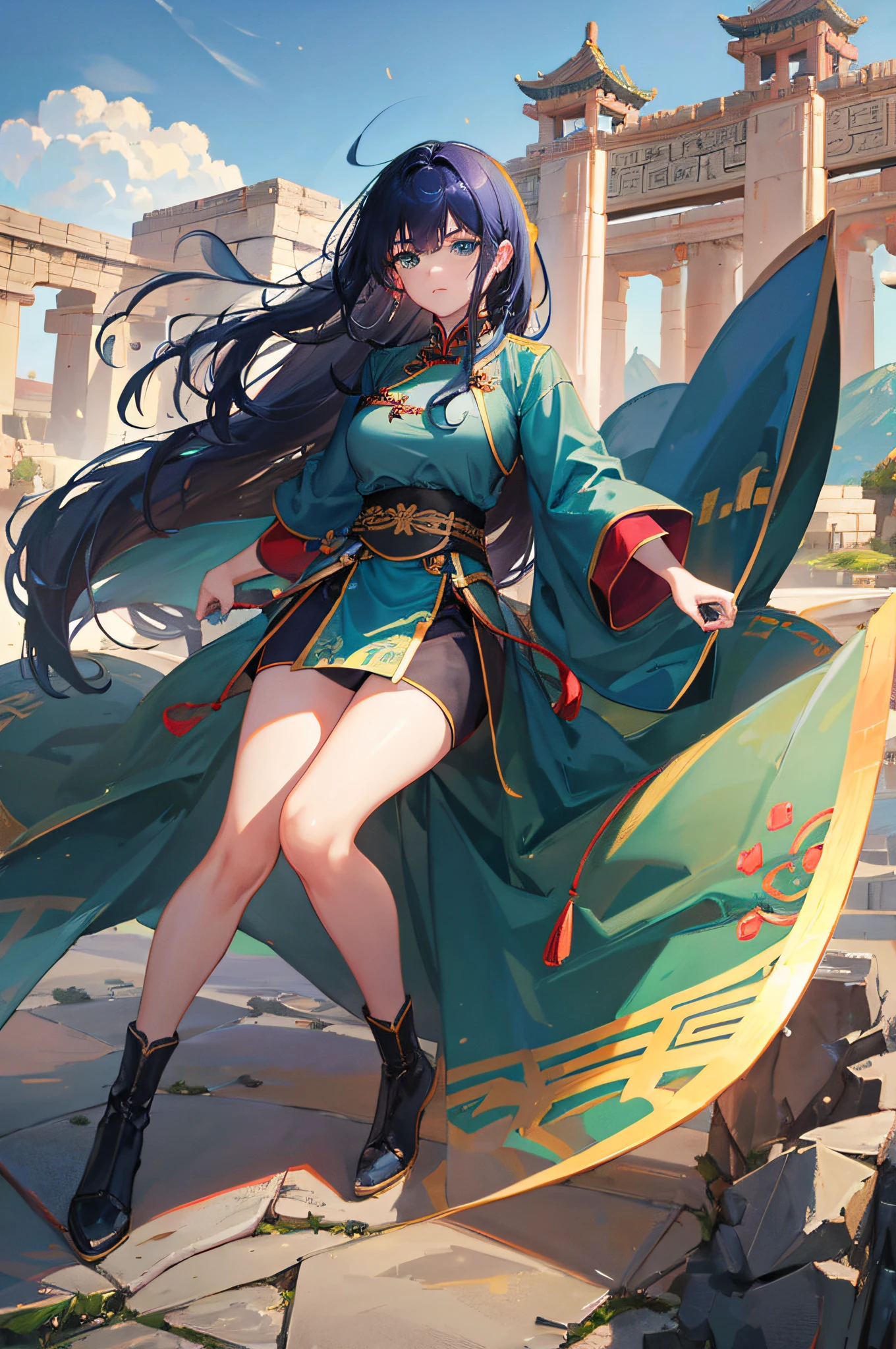 4K,hight resolution,One Woman,Dark blue hair,Longhaire,Green eyes,ancient chinese military commander,blue ancient chinese armor,Ancient Chinese swords,ancient chinese castle town