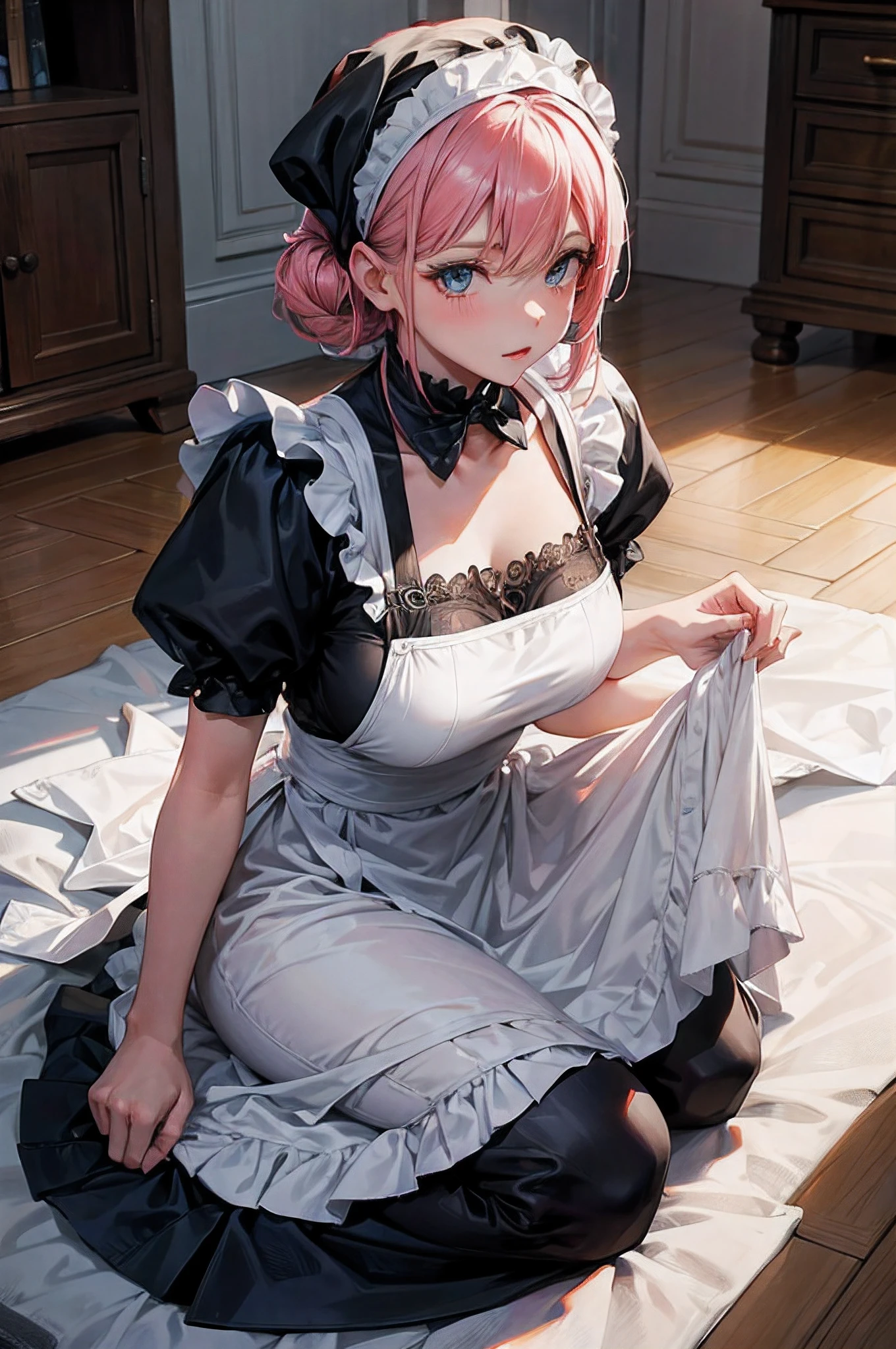 Best picture quality, 8K, tmasterpiece:1.3)), Beautiful woman with slender abs:1.3, (Casual hairstyle, Leaky big breasts:1.2), shift dresses:1.1, Ultra-fine face, pink rose hair, ((underboob)),A detailed eye, double eyelid,(bdsm:1.3),Transparent swimsuit at home, and its fullness, Wet clothes, hyper HD, Masterpiece, High details, High quality, Massut works of the highest quality, of the highest quality, hyper HD, max res, Very detailed, Clean skin, Anime, full body, Slender, Very cute, , Braided hair, lying down, Wide open legs, Raised Legs, Erotic lingerie, half-shedding clothes, Half flows down, Wet clothes,, Clothing visible at the tip of the chest, Sweat, Light clothes, clothes with a see-through tummy, underbust, Embarrassed, Blushing, kneeling, sideviewblowjob, on her hands and knees, spread thighs, sexy pose, kneeling, sexy maid dress, blushing, fishnet outfit, sexy maid outfit