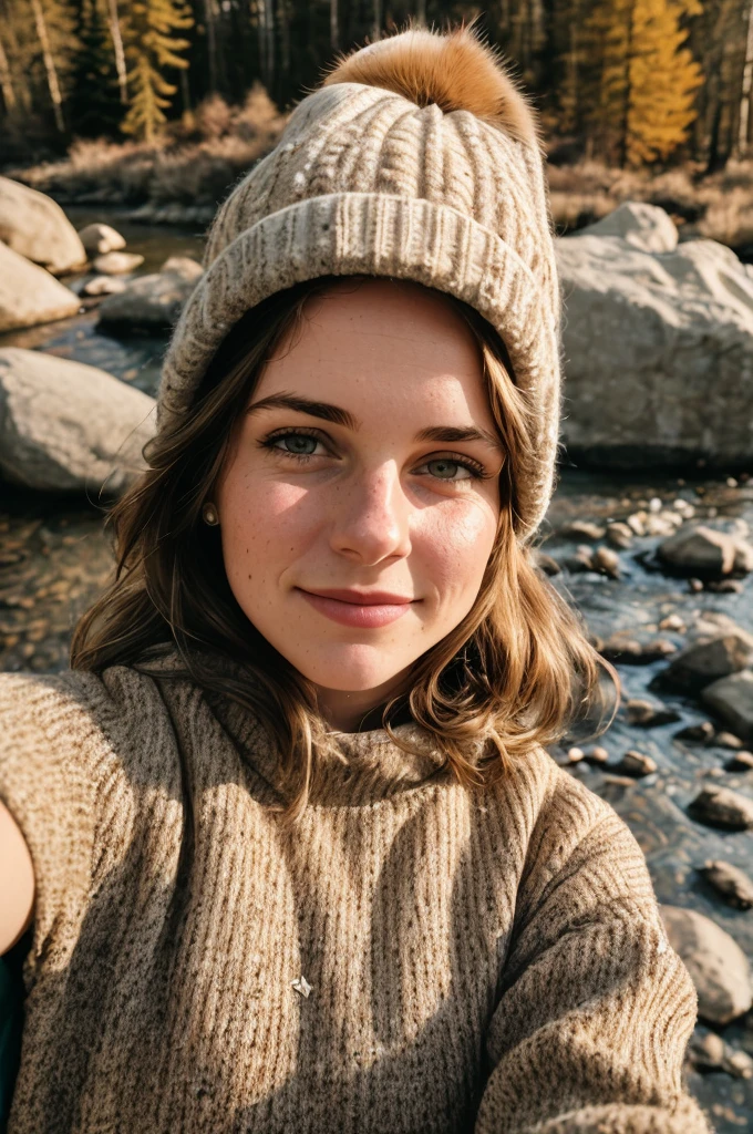 1 woman((upper body selfie, happy)), masterpiece, best quality, ultra-detailed, solo, outdoors, (night), mountains, nature, (stars, moon) cheerful, happy, backpack, sleeping bag, camping stove, water bottle, mountain boots, gloves, sweater, hat, flashlight, forest, rocks, river, wood, smoke, shadows, contrast, clear sky, analog style (look at viewer:1.2) (skin texture) (film grain:1.3), (warm hue, warm tone) :1.2), close up, cinematic light, sidelighting, ultra high res, best shadow, RAW, upper body, wearing pullover