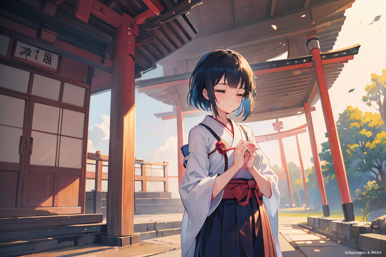 Create exquisite illustrations reminiscent of Makoto Shinkai's style, It has ultra-fine details and top-notch quality. Creating an illustration of a girl making her first shrine visit (hatsumode) at a Shinto shrine. The girl has her eyes closed and hands clasped in prayer, aiming for an overall fantastical and nostalgic atmosphere with intricate details. The goal is to produce a high-quality illustration that captures the essence of the moment, delivering a magical and finely crafted artwork