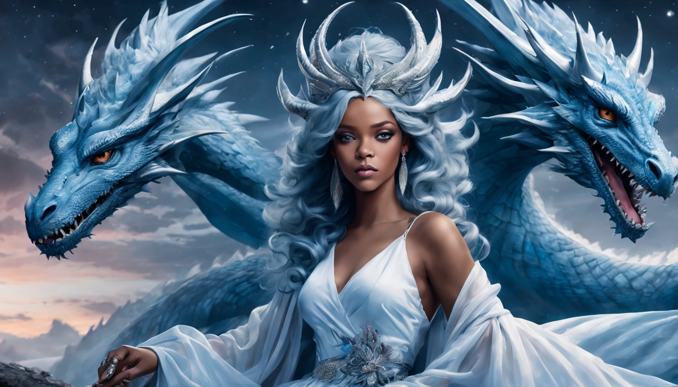 Queen of the White Dragon, mulher madura jovem, "rihanna", orelhas longas de elfos, vestido preto celeste elegante, mama grande, Curvy, dragon ling vawy hair, Cabelos Super Longos, soft facial features, White dragon horns on his head, mulher majestosa, silver decoration on her reto celeste dress, Rainha Estrela Prateada, Grandes olhos azuis, cherry lips, White dragons, starly sky