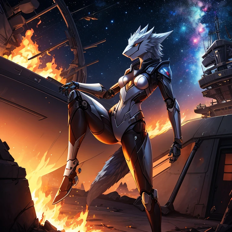 female, furry, metallic, robotic, shiny, anthro, sergal , young, short height, small breasts, thin body, legs spread, warrior , burning hallway, crashed ship, fighting, lude, stars, science fiction, galaxies, dusk,  sexy, masterpiece, high quality,