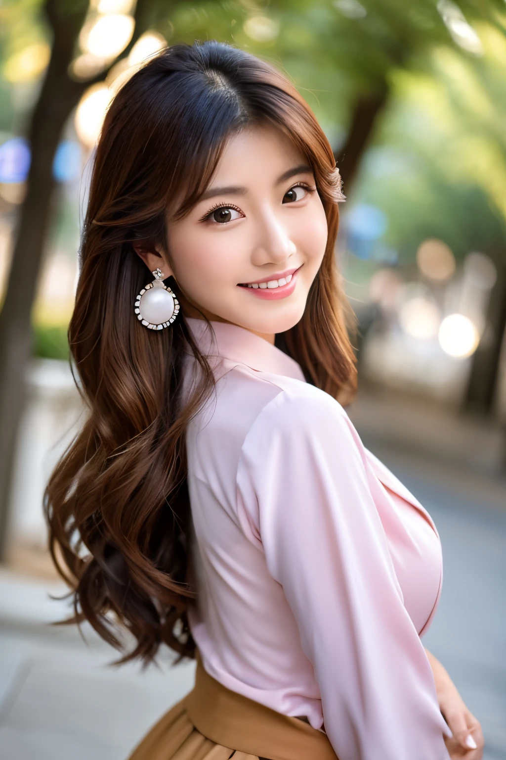 best quality,realistic,japanese female,close-up of fece to breasts,put up index finger,from front,cowboy shot,looking at viewer,20's woman,double eyelid eyes,celestial nose,wide smile,beam,medium hair,brown hair,pearl earrings,navysuit,“navyjacket,“navyskirt,voluptuous bust,gigantic ass,sensual pose