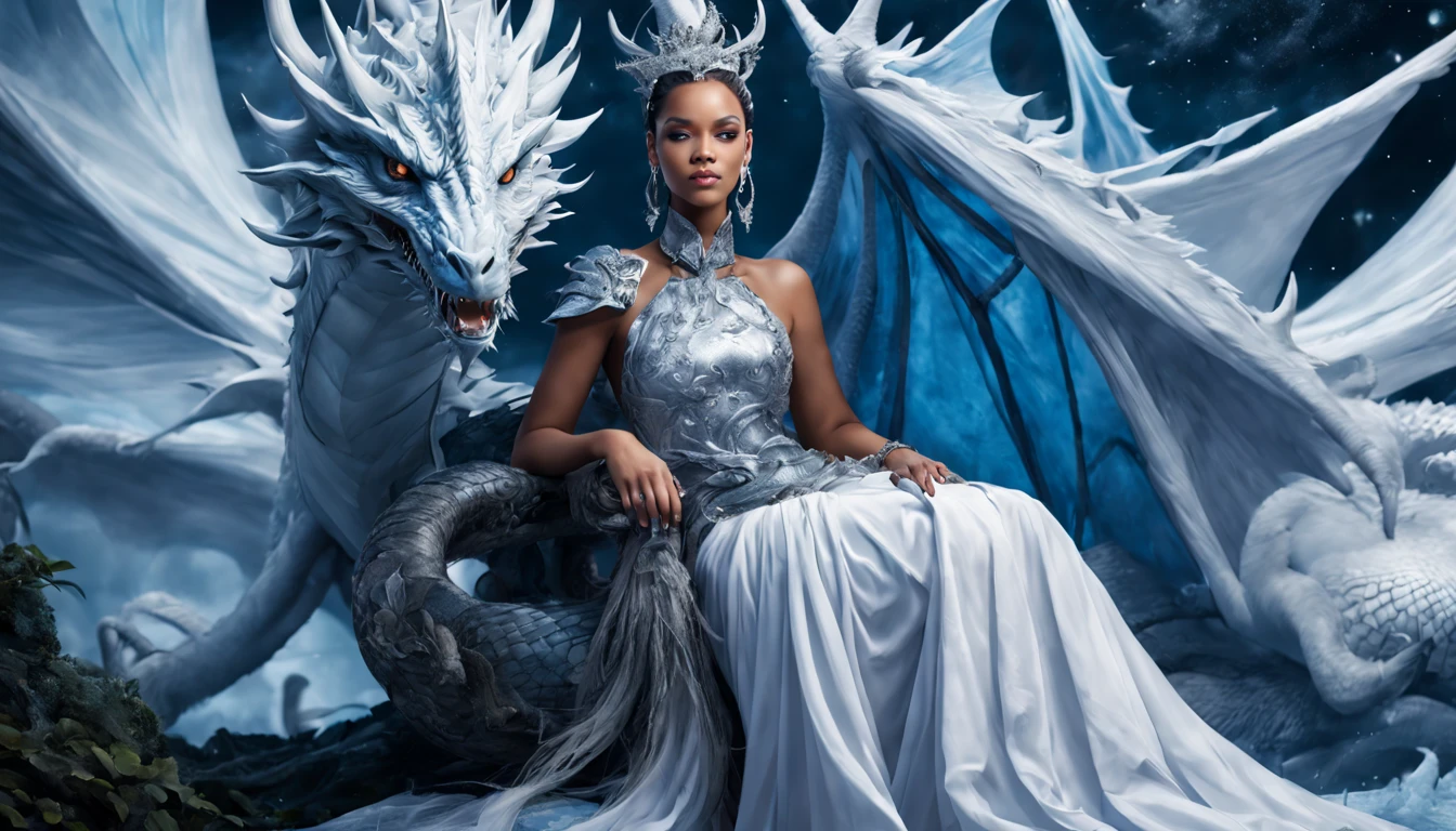 Queen of the White Dragon, mulher madura jovem, "rihanna", orelhas longas de elfos, vestido preto celeste elegante, mama grande, Curvy, dragon ling vawy hair, Cabelos Super Longos, soft facial features, White dragon horns on his head, mulher majestosa, silver decoration on her reto celeste dress, Rainha Estrela Prateada, Grandes olhos azuis, cherry lips, White dragons, starly sky