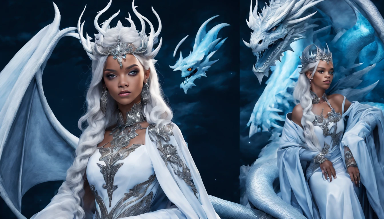 Queen of the White Dragon, mulher madura jovem, "rihanna", orelhas longas de elfos, vestido preto celeste elegante, mama grande, Curvy, dragon ling vawy hair, Cabelos Super Longos, soft facial features, White dragon horns on his head, mulher majestosa, silver decoration on her reto celeste dress, Rainha Estrela Prateada, Grandes olhos azuis, cherry lips, White dragons, starly sky