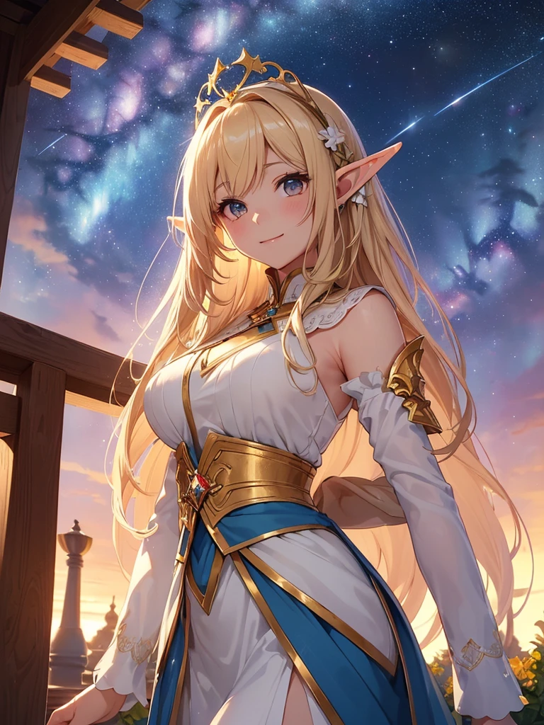 Young elf girl, blonde hair, blue eyes, pointed ears detailed shiny oiled skin, white sundress, white thighighs, sapphire golden jewelery, golden collar with chain, sheer thin white clothing, delicate clothes, perky round breasts, thick thighs, wide hips, round butt