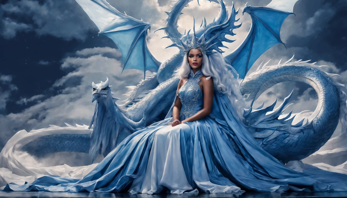 Queen of the White Dragon, mulher madura jovem, "rihanna", orelhas longas de elfos, vestido azul celeste elegante, mama grande, Curvy, dragon ling vawy hair, Cabelos Super Longos, soft facial features, White dragon horns on his head, mulher majestosa, silver decoration on her azul celeste dress, Rainha Estrela Prateada, Grandes olhos azuis, cherry lips, White dragons, starly sky