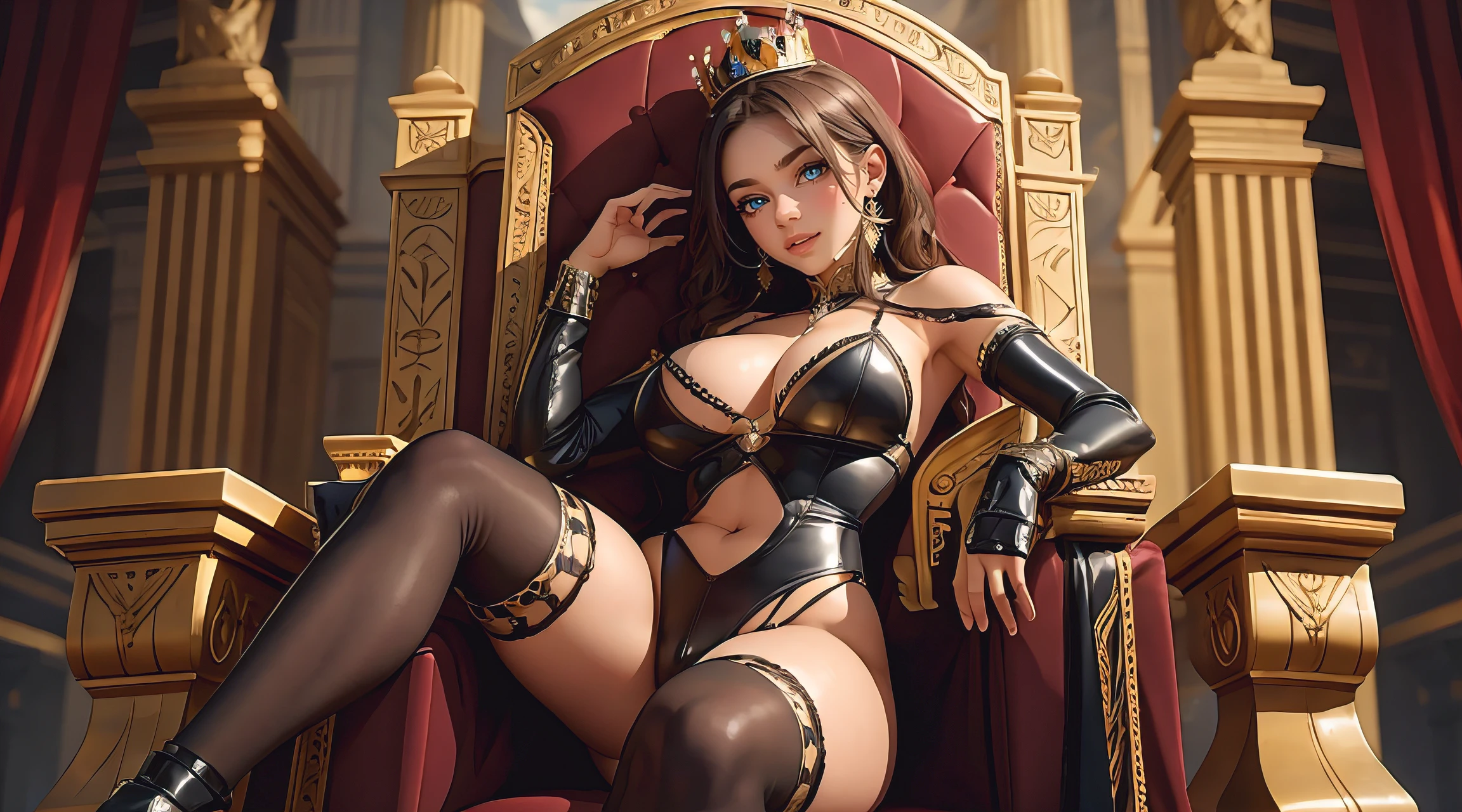 (masterpiece, best quality), 1 girl, perfect body, big breasts, edgLL, wearing edgLL leather lingerie, sitting pose,  throne, crown, royal throne room with elaborate details, natural lighting