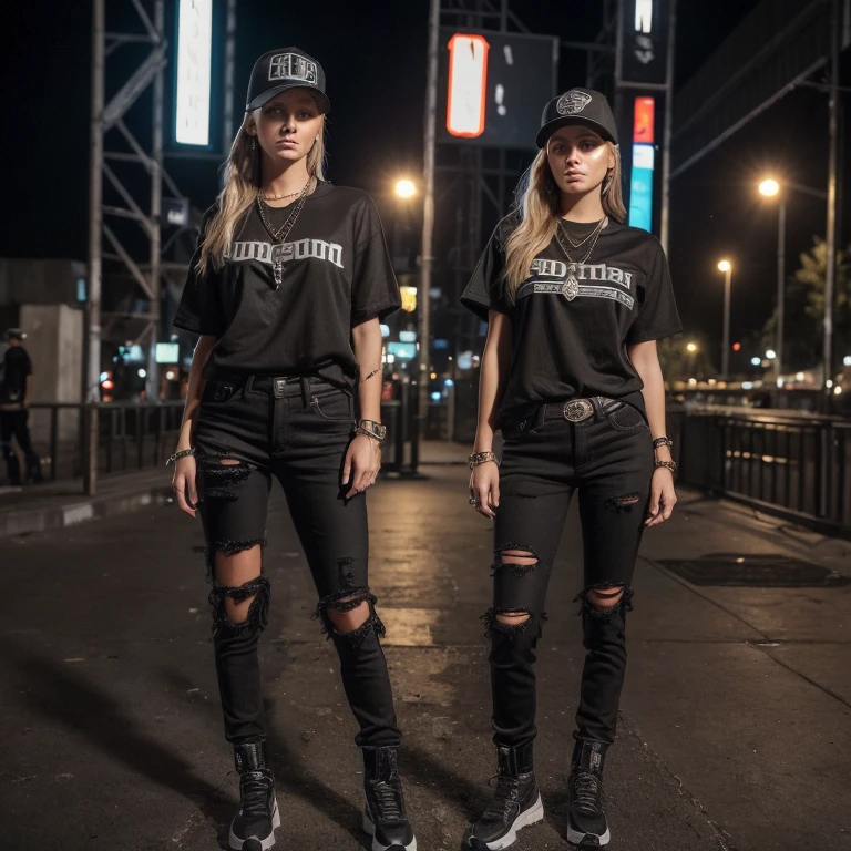 "(25-year-old Caucasian female in high quality and resolution, detailed face, full body) wearing an ultra-realistic streetwear:1.2 with a plain black shirt and a black trucker cap, black jeans with rips at knees, black boots, chain with cross pendant. Surrounded by a dystopian cyberpunk nightscape. "