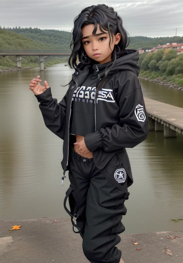 ****************,stop on a bridge with a river in the background, Ropa de senderismo, negro, photograph of a techwear woman, Ropa negra casual, con una sudadera con capucha negra, inspirado por Ion Andreescu, Ropa negra, Ropa deportiva, Ropa negra, wearing a track suit, Ropa vestida de negro, Imagen de perfil, con una sudadera con capucha negra