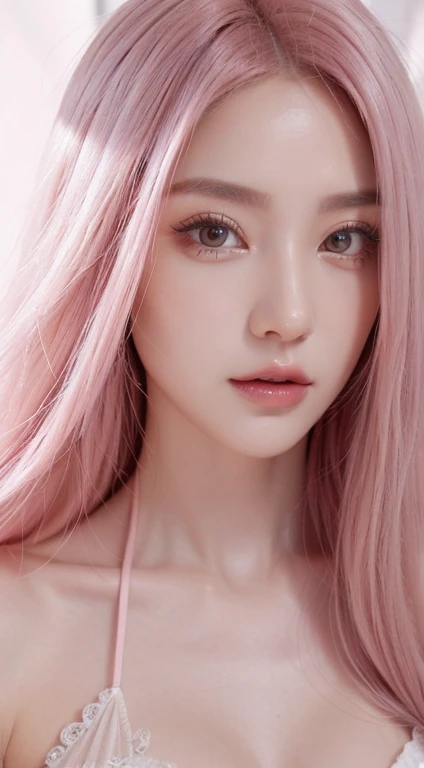 one girls，Long Pink hair，Delicate Makeup，Close up lens of delicate facial features，8K，The highest image quality，Look into the camera，high quarity，Look into the camera，Look into the camera，