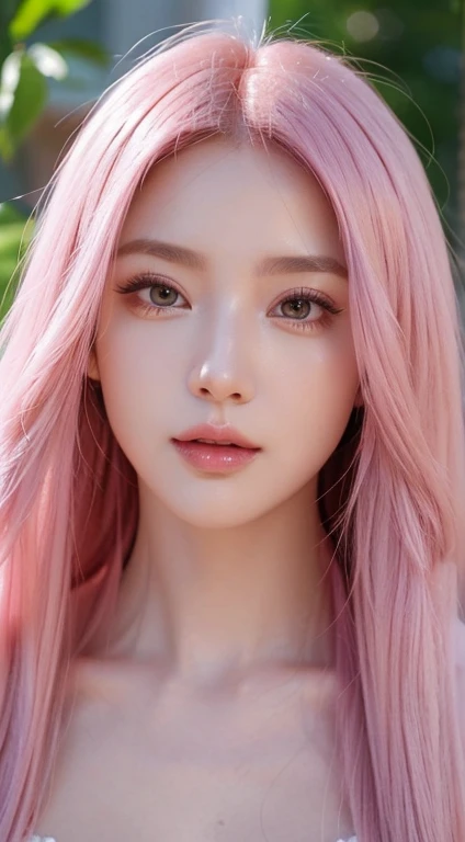 one girls,Long Pink hair,Delicate Makeup,Close up lens of delicate facial features,8K,The highest image quality,Look into the camera,high quarity,Look into the camera,Look into the camera,