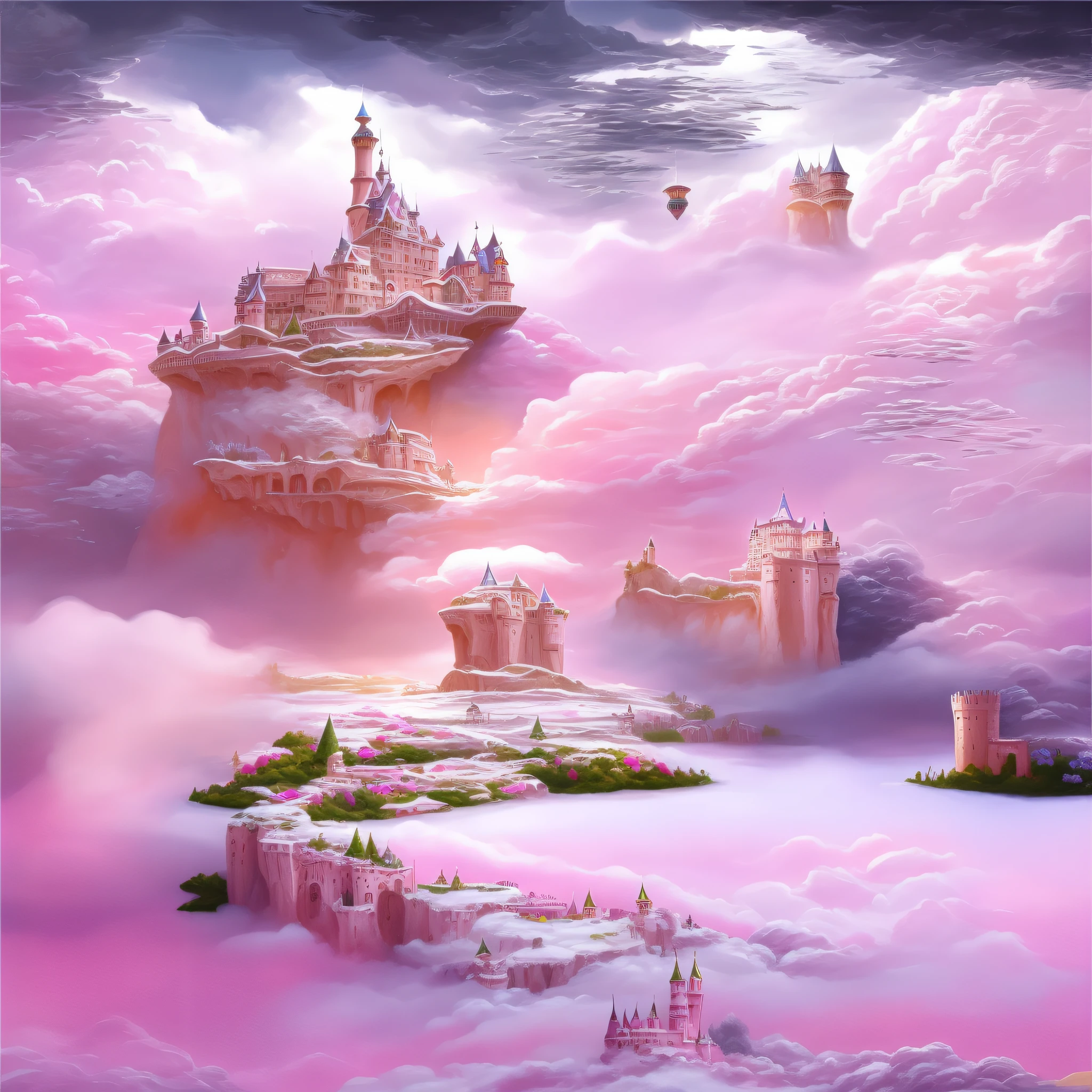 a painting of a castle in the clouds with a pink sky, in the white clouds fairyland, in white clouds fairyland, light kingdom backdrop, detailed fantasy digital art, beautiful detailed fantasy, lie on white clouds fairyland, palace floating in heaven, magnificent background, magical castle, magic fantasy highly detailed, flying cloud castle, whimsical fantasy landscape art, beautiful fantasy painting