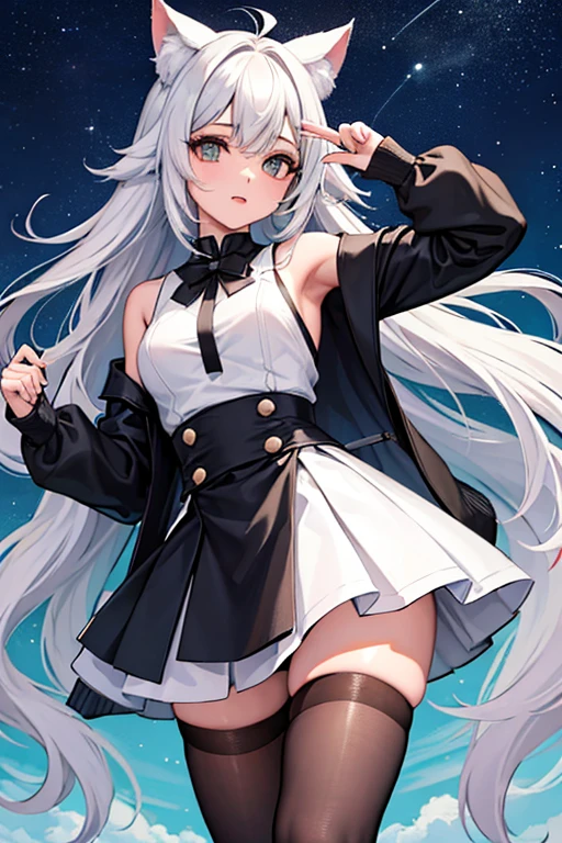 foto de corpo inteiro,cat ears on the head of a beautiful young woman wearing a short skirt, usando meias preta longas e sueter branco apertado,corpo inteiro na foto,floresta a noite varias luzes,belas coxas, coxas lindas belhos olhos verdes detalhados., sueter branco apertado,maio apertado , tight pantyhose, mini saia , ceu limpo a noite com estrelas numafloresta a noite,short curto linda jovem, olhos sedutores feminino.CABELO CURTO PRETO((CABELOS CURTO PRETO)) belos olhos , sorriso lindo