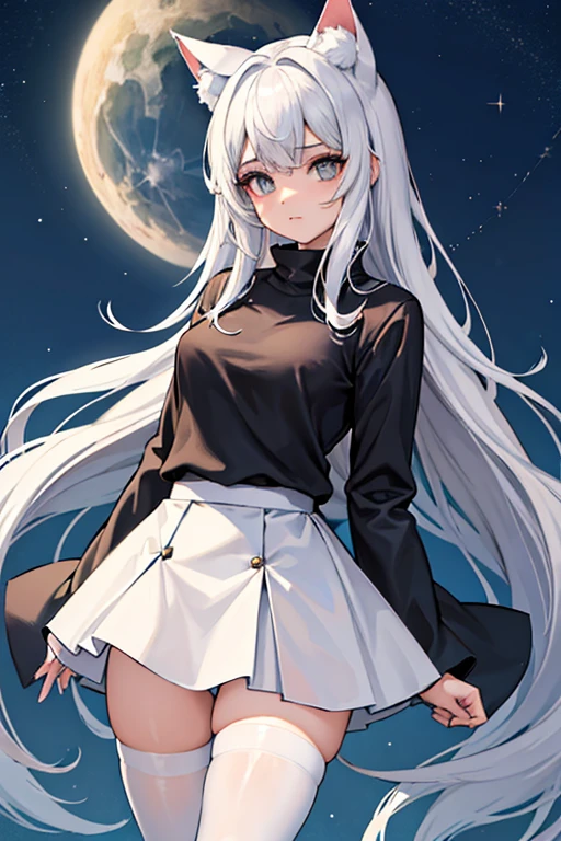 foto de corpo inteiro,cat ears on the head of a beautiful young woman wearing a short skirt, usando meias preta longas e sueter branco apertado,corpo inteiro na foto,floresta a noite varias luzes,belas coxas, coxas lindas belhos olhos verdes detalhados., sueter branco apertado,maio apertado , tight pantyhose, mini saia , ceu limpo a noite com estrelas numafloresta a noite,short curto linda jovem, olhos sedutores feminino.CABELO CURTO PRETO((CABELOS CURTO PRETO)) belos olhos , sorriso lindo