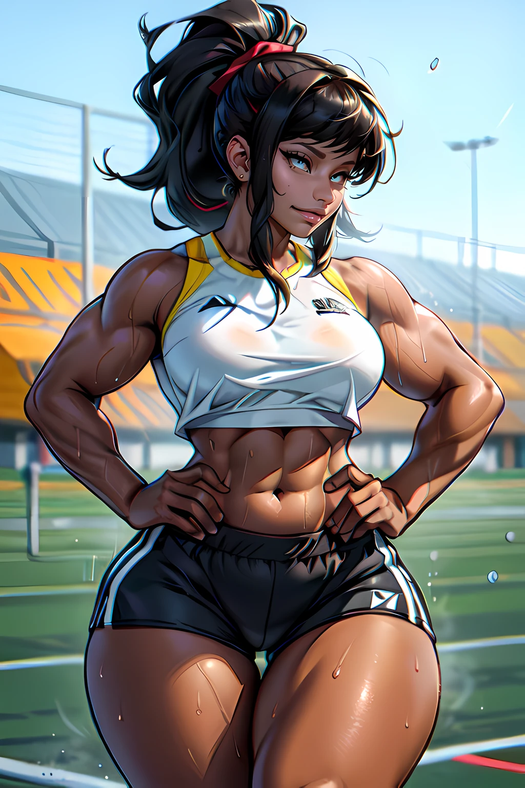 masterpiece, 1girl, from below

((dark skin)), tall, earrings, brown eyes, full lips, huge breasts, (((nagatiti))), (((thick thighs))), (((wide hips))), long flowing hair, (ponytail with bangs), tight track bra, tight track shorts, ((running)), track field background, depth of field blurred background, sweaty and wet, water droplets glistening on her skin, studio lighting emphasizing the girl's athletic physique