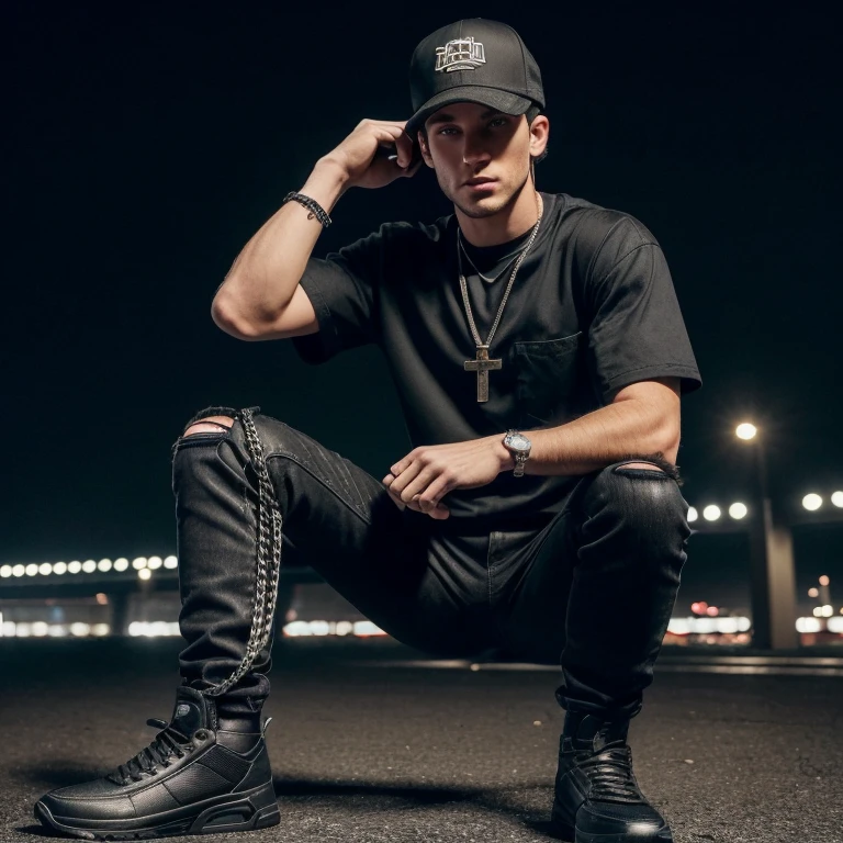 "(25-year-old Caucasian male in high quality and resolution, detailed face, full body) wearing an ultra-realistic streetwear:1.2 with a plain black shirt and a black trucker cap, black jeans with rips at knees, black boots, chain with cross pendant. Surrounded by a dystopian cyberpunk nightscape. "