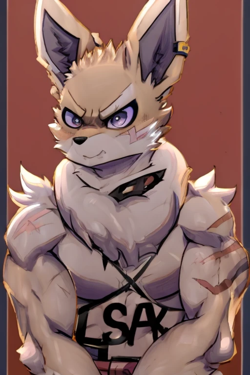 illustration style, anime, feral eevee, on fours, with an whiter humanoid face, purple and gray inner ears, light brown fur, light skinny body, big floofy white fur around the neck, tough looking, angry face, scar on left eye, purple inner ears,kanji looking black marks on skin