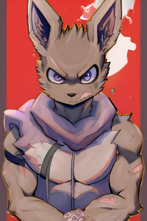 illustration style, anime, anthro eevee, with an whiter humanoid face, purple and gray inner ears, black fur, light skinny body, big floofy white fur around the neck, tough looking, angry face, scar on left eye, purple inner ears, black marks on skin