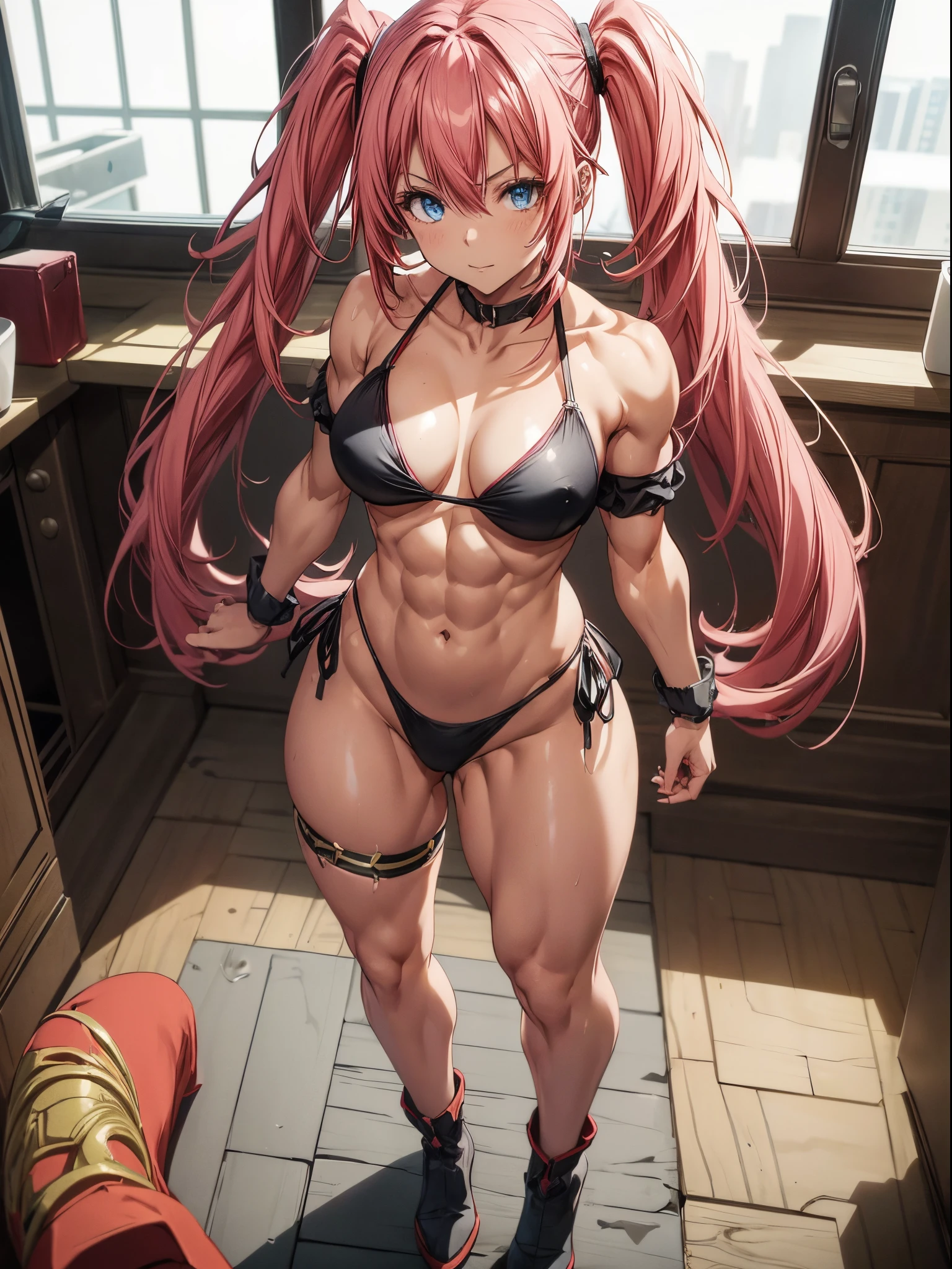 (((1 girl))), (wearing red Santa hat), (Milim Nava of tensei shitara slime), (pink hair twintails), (blue eyes), medium chest, (nails painted black), perfect hands , (((a very sexy red bikini))), (((full body view))), (in a motel room), (((beautiful and muscular legs))), thin waist, muscles in the abdomen, full body photo, red high heel shoe, (making sexy pose), (HDR), eye reflection, extended eyes, extended eyes, Moody, anime, minimalism, anime style, ray tracing, cinematic lighting, cinematic lighting, glare, glare, JPEG artifacts, bright light, divine rays, ray tracing, drop shadow, panorama, Sony FE, from behind, underneath, underneath, UHD, master piece, precise, precise, anatomically correct, super detailed, high quality, best quality, very high, 16k