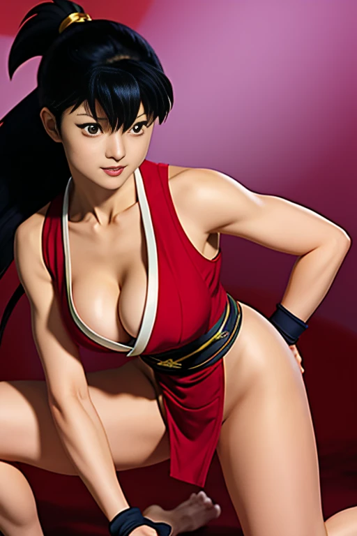Kagome Higurashi, mai shiranui from the king of fighters, 1girl, solo, long black hair, golden eyes, 25yo, Japanese mature female, kunoichi dress, cleavage, matured face, teeth, grin, arrogant smile,athletic body, big , big , fighting stance, defensive pose, dynamic pose, martial arts, female fighter, full body view, best quality, BREAK dojo, japanese architecture,