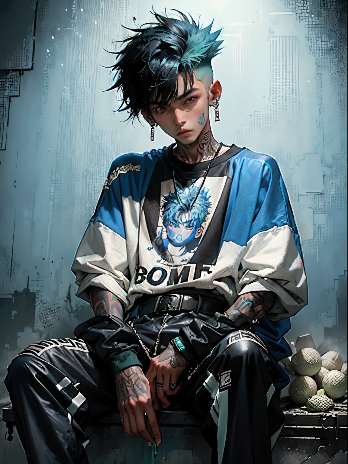 Kpop young age boy with fade cut dark blue hair with with (frosted white tips top hair), cute face, irresistible, sit pose, poser, serious face, full half body show, tattoos, wears cool black mixed blue ang green open jacket with long big sized shirt, long black pants with belt, paint background, popstar, has messy lime green hair, and a green one-suit with a diamond. He has a normal Putt Putt Troll appearance overall, as most of them resemble his appearance with exceptions like Viva. His attire a reference to the golfing attire of golfers.