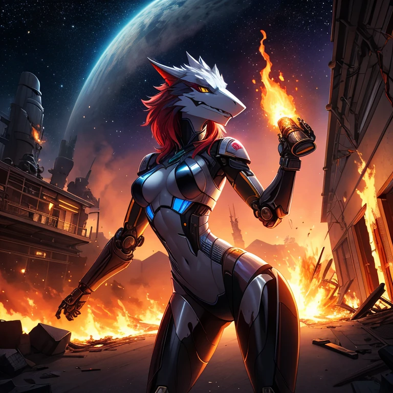 female, furry, metallic, robotic, shiny, anthro, sergal , young, short height, small breasts, thin body, dynamic pose, holding blaster, warrior , burning, corridor, crashed ship, damaged buildings, fighting, enemies, stars, science fiction, galaxies, dusk, sexy, masterpiece, high quality,