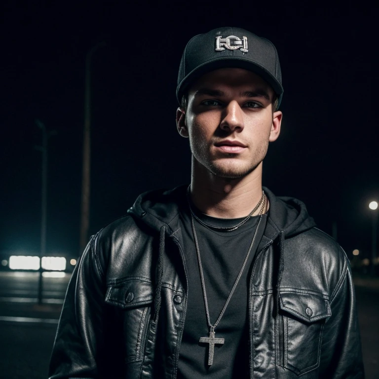 "(25-year-old Caucasian male in high quality and resolution, detailed face, full body) wearing an ultra-realistic streetwear:1.2 with a plain black shirt and a black trucker cap, black jeans with rips at knees, black boots, chain with cross pendant. Surrounded by a dystopian cyberpunk nightscape. "