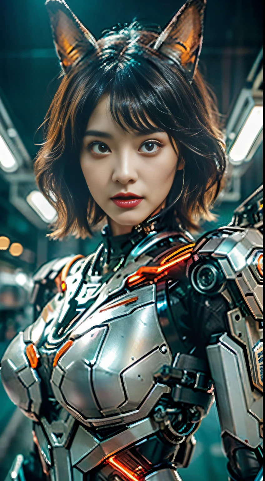 ((tmasterpiece,best qualtiy)), illustratio,1girll,Rabbit ears,Large breasts,dynamicposes, ultra-detailed 8K, realisticlying, Clear focus, ighly detailed, profetional lighting, Colorful Detailed, Iridescent color separations, Extra long shot from the factory, large mechanical robot construction, microchips, a computer, with light glowing, intricate detailes, shitu-mecha, 1girll, wearing mecha, nabel, colorful image, with light glowing, (Cyberpunk Personality),xiaowu