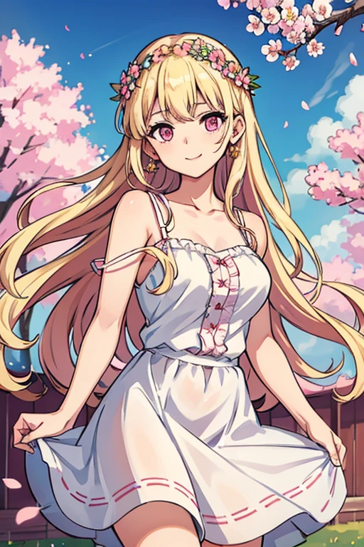 Art by Cornflower, Dreamy, cherry_florals, Falling_flower petals, flower petals, branch, Pink_flower, 1girl in,20yr old, Blue_skyporn, spring_(season), flower petals_SUI_Liquid, flower, flower viewing, Dress, (long blonde curly hair:1.5),Wearing a wreath,skyporn, Outdoors, cloud, Bangs, Smile, Pink_Eyes, White skirt with cherry decoration, Bare_shoulders, earrings, Holding_flower, Wind, tree, up looking_で_viewer,Cowboy Shot,