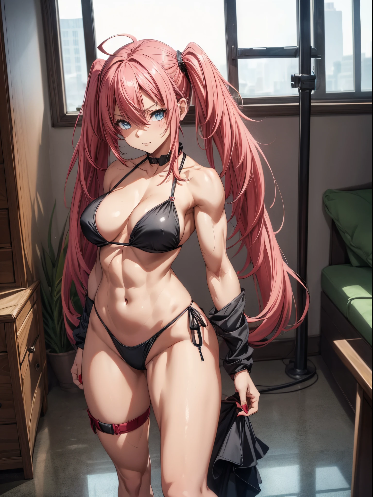 (((1 girl))), (wearing red Santa hat), (Milim Nava of tensei shitara slime), (pink hair twintails), (blue eyes), medium chest, (nails painted black), perfect hands , (((a very sexy red bikini))), (((full body view))), (in a motel room), (((beautiful and muscular legs))), thin waist, muscles in the abdomen, full body photo, red high heel shoe, (making sexy pose), (HDR), eye reflection, extended eyes, extended eyes, Moody, anime, minimalism, anime style, ray tracing, cinematic lighting, cinematic lighting, glare, glare, JPEG artifacts, bright light, divine rays, ray tracing, drop shadow, panorama, Sony FE, from behind, underneath, underneath, UHD, master piece, precise, precise, anatomically correct, super detailed, high quality, best quality, very high, 16k