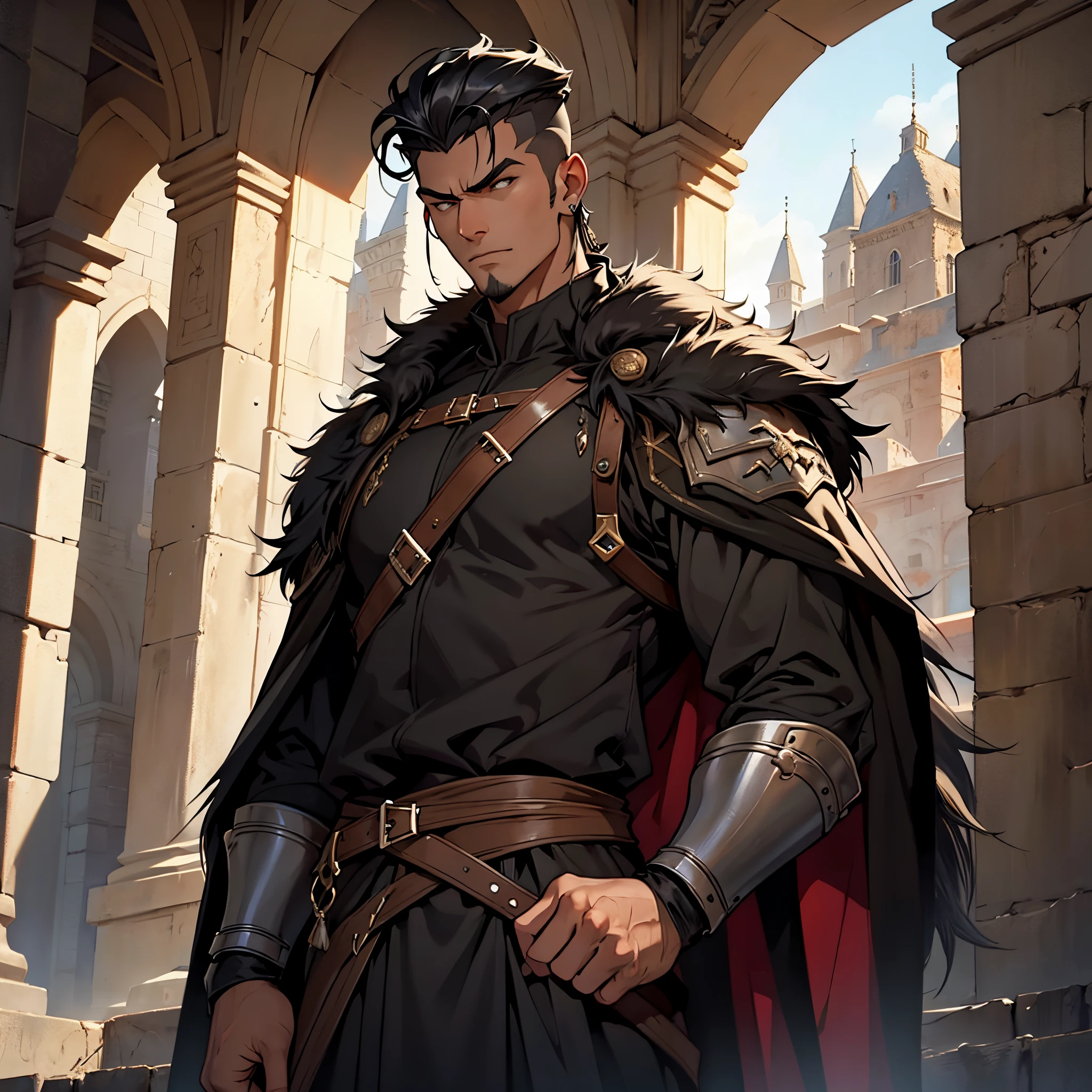 ​masterpiece, Best Quality, detailed, Cinematics, 4k, Background with: medieval dungeon stairs,Black Hun mercenary wearing fur cloak, black hair and pomade, Handsome man with an intense expression...,
