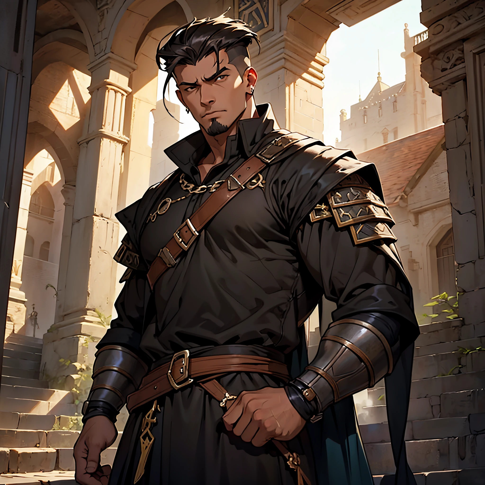 masterpiece, Best Quality, detailed, Cinematics, 4k, Background with: medieval dungeon stairs, Black Hun Mercenary, Handsome man with dark hair and pomade and strong expression...,