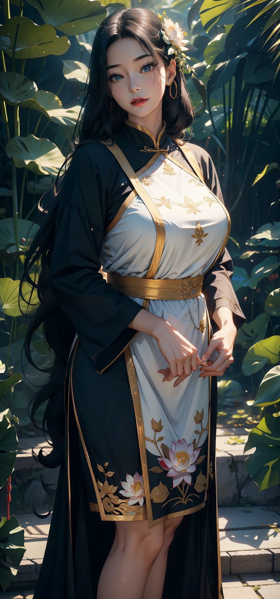1female,45 yers old,Married woman,legs long, a slender waist, photo exposure, report,(Background with:at a forest,the rainforest,in summer,lotus flower) She has long black hair,Redlip,The stands up,seen from the front, curlies, sky with many clouds,(((tmasterpiece),(Very detailed CG-8k wallpaper),Best quality,电影灯光,detailed back ground,Beautiful right eye pupil,(very delicate beautiful),(Beautiful and detailed eyes description),ultra - detailed,tmasterpiece,)),facing at the camera,A high resolution,ultra - detailed),Revealed,equipment, convex,Camel toes,lump,Queen of China(dressed in:,Gold wire embroidery,Black apron)a little bit chubby,Too big