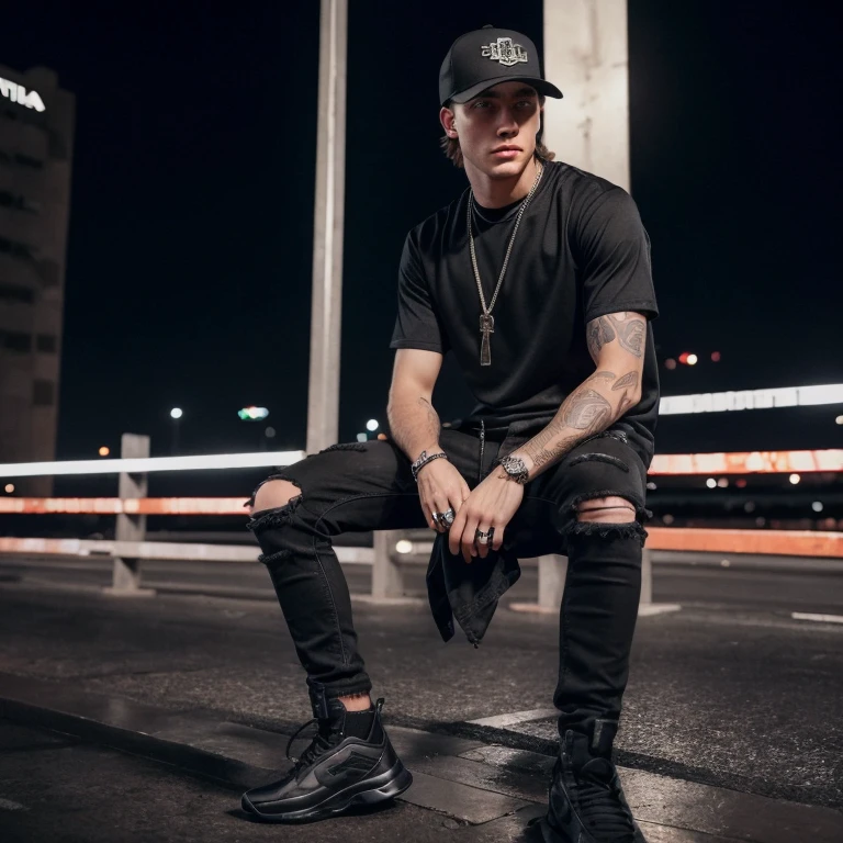 "(25-year-old Caucasian male in high quality and resolution, detailed face, full body) wearing an ultra-realistic streetwear:1.2 with a plain black shirt and a black trucker cap, black jeans with rips at knees, black boots, chain with cross pendant. Surrounded by a dystopian cyberpunk nightscape. "