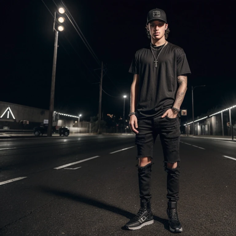 "(25-year-old Caucasian male in high quality and resolution, detailed face, full body) wearing an ultra-realistic streetwear:1.2 with a plain black shirt and a black trucker cap, black jeans with rips at knees, black boots, chain with cross pendant. Surrounded by a dystopian cyberpunk nightscape. "