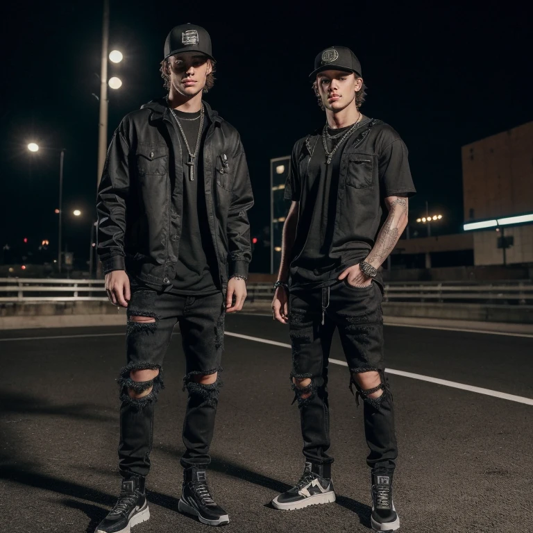 "(25-year-old Caucasian male in high quality and resolution, detailed face, full body) wearing an ultra-realistic streetwear:1.2 with a plain black shirt and a black trucker cap, black jeans with rips at knees, black boots, chain with cross pendant. Surrounded by a dystopian cyberpunk nightscape. "