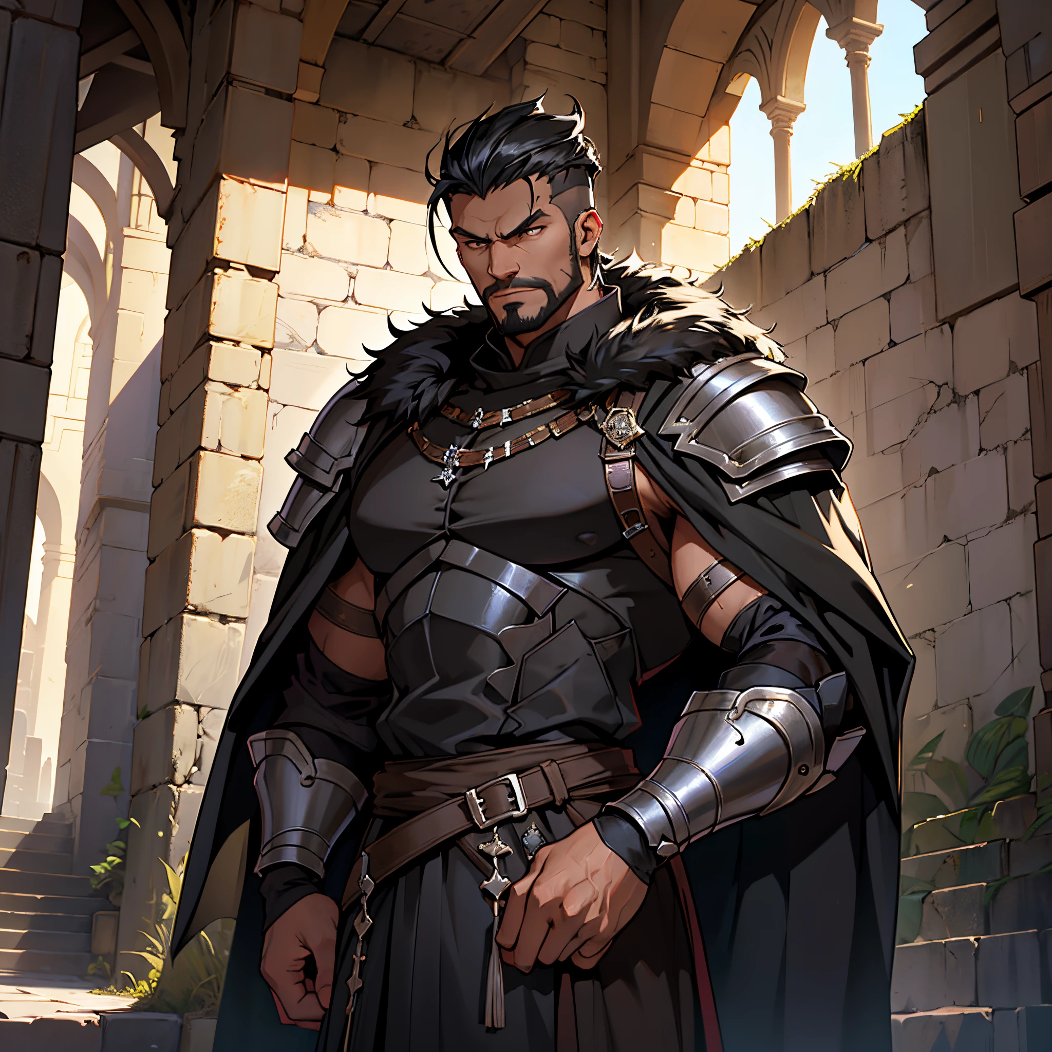 ​masterpiece, Best Quality, detailed, Cinematics, 4k, Background with: medieval dungeon stairs,Black Hun mercenary in black armor and fur cloak, black hair and pomade, Handsome muscular man with an intense expression...,