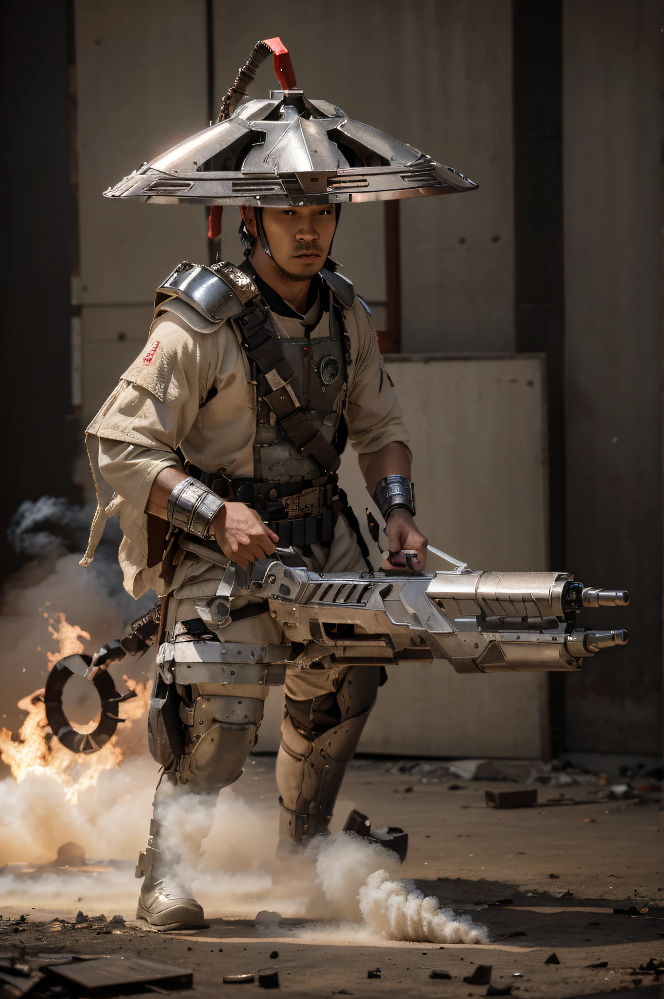 guerrero masculino, Cara japonesa, Asian style helmet with cap., Modern Japanese style cyborg full heavy metal chest armor, color rojo con detalles blancos, debajo de la armadura lleva un uniforme militar beige., holds a large ultra-modern laser weapon, he is in a completely destroyed modern asian city, Fuego, Explosiones, humo, 4k, Imagen ultra detallada, realista, Altamente detallado, perfect composition, splendid, Intrincadamente detallado, Incredibly detailed, 8 k artistic photography, hiper detallado, Obra maestra, Ultra detallado, Hiperrealista, 4k, Imagen ultra detallada, realista, Altamente detallado, perfect composition, splendid, Intrincadamente detallado, Incredibly detailed, 8K fine art photography, hiper detallado, Obra maestra